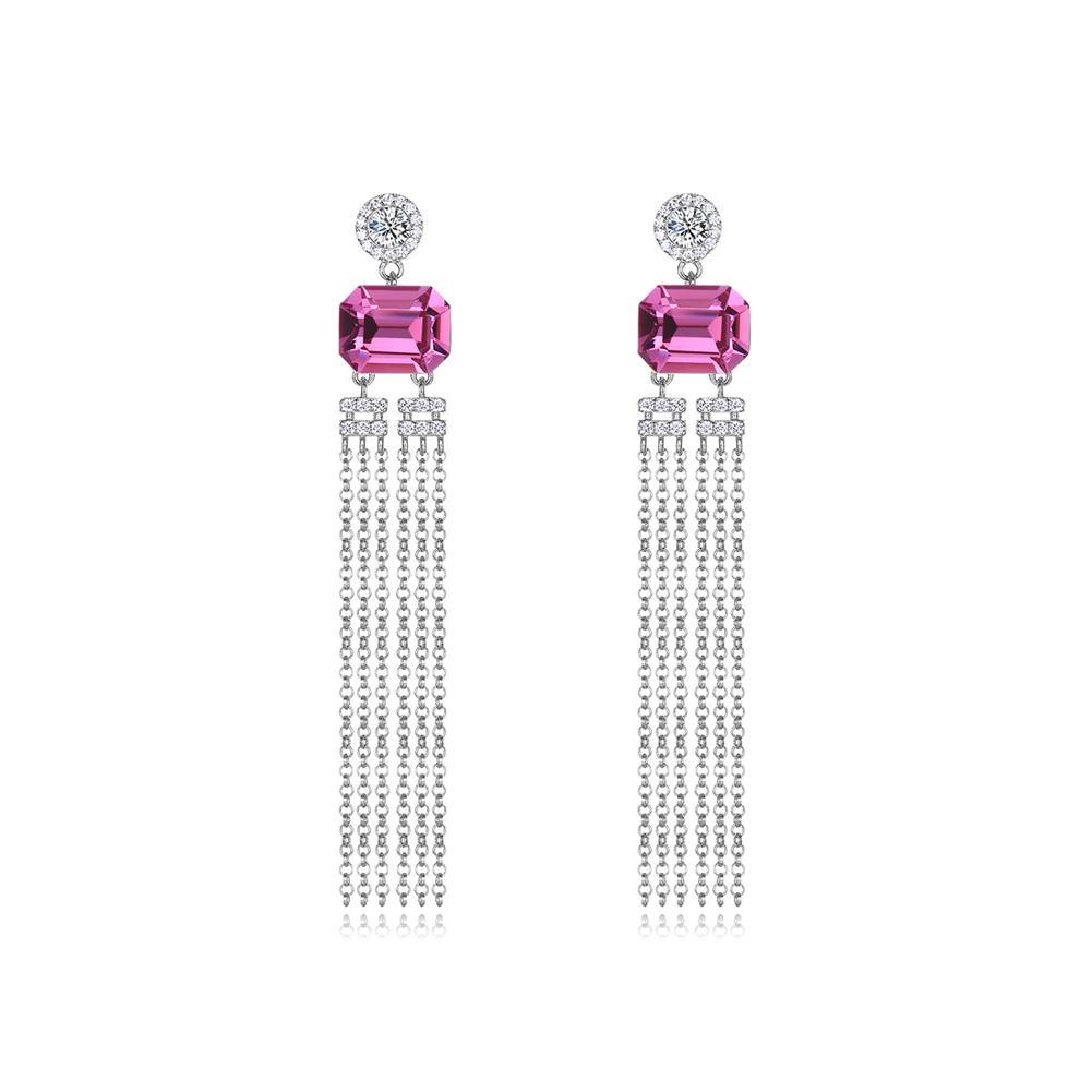 925 Sterling Silver Elegant Fashion Long Tassel Earrings with Pink Austrian Element Crystal - Glamorousky