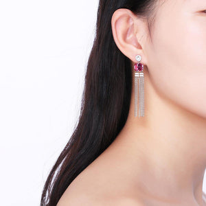 925 Sterling Silver Elegant Fashion Long Tassel Earrings with Pink Austrian Element Crystal - Glamorousky