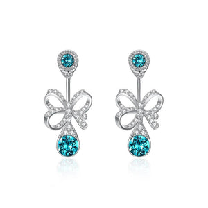 925 Sterling Silver Elegant Fashion Romantic Bowknot and Water Drop Shape Earrings with Blue Austrian Element Crystal - Glamorousky