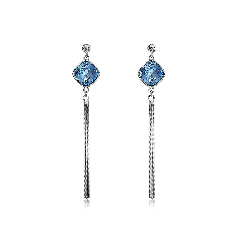 925 Sterling Silver Geometric Rhombus Long Tassel Earrings with Blue Austrian Element Crystal - Glamorousky