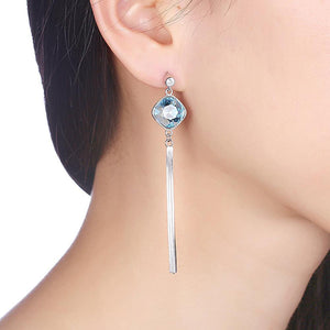 925 Sterling Silver Geometric Rhombus Long Tassel Earrings with Blue Austrian Element Crystal - Glamorousky