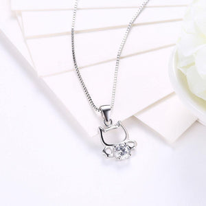 925 Sterling Silver Fashion Cute Little Cat Pendant Necklace with White Cubic Zircon - Glamorousky