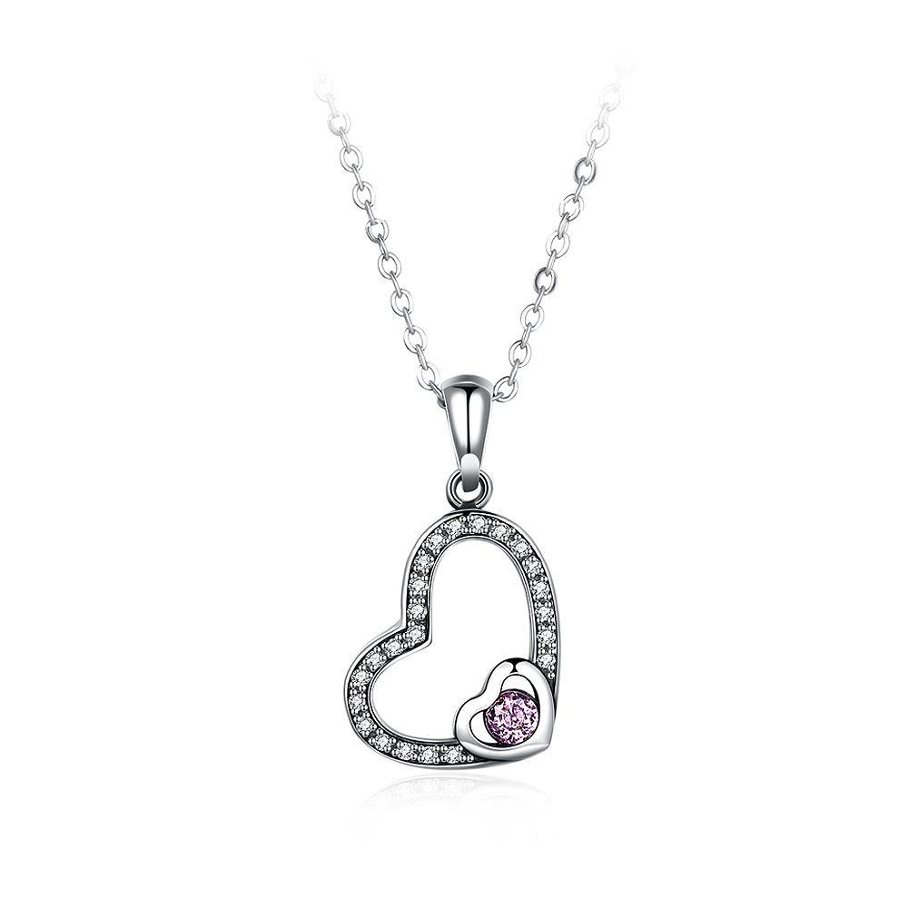 925 Sterling Silver Simple Elegant Romantic Heart Shape Pendant Necklace with Pink Cubic Zircon Necklace with Cubic Zircon - Glamorousky