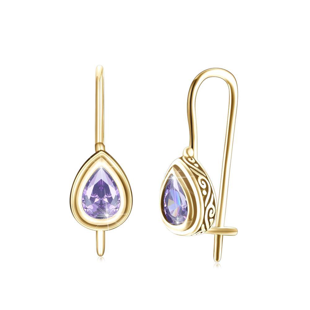 925 Sterling Gold Plated Retro Elegant Fashion Water Drop Shape Earrings with Purple Cubic Zircon - Glamorousky