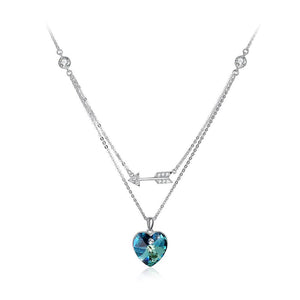 925 Sterling Silver Fashion Romantic Heart Shape and Heart Shape Necklace with Blue Austrian Element Crystal - Glamorousky