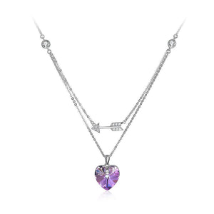 925 Sterling Silver Fashion Romantic Heart Shape and Heart Shape Necklace with Purple Austrian Element Crystal - Glamorousky