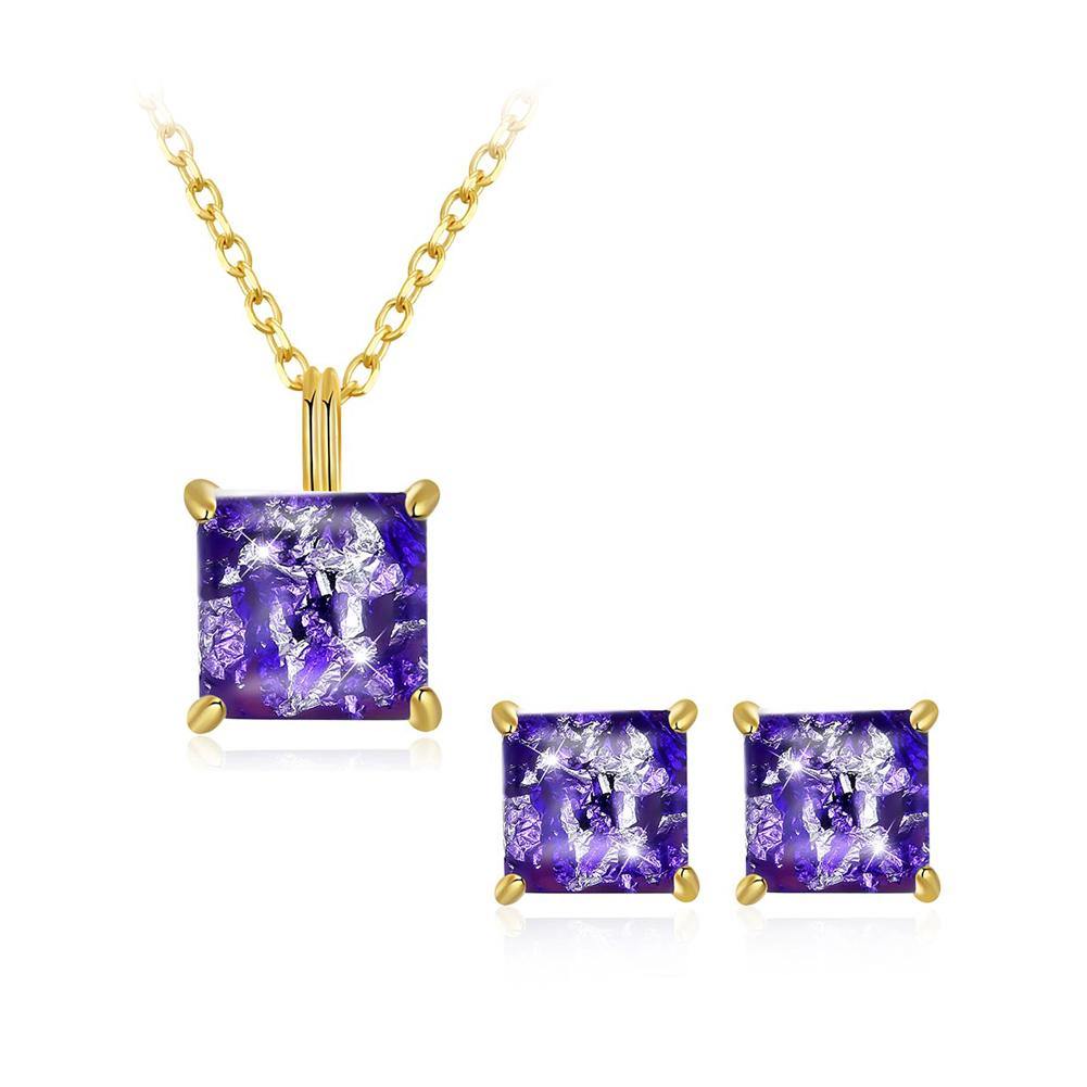 925 Sterling Silver Gold Plated Elegant Fashion Square Pendant Necklace and Earrings Set with Purple Austrian Element Crystal - Glamorousky