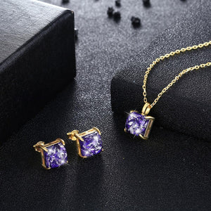 925 Sterling Silver Gold Plated Elegant Fashion Square Pendant Necklace and Earrings Set with Purple Austrian Element Crystal - Glamorousky