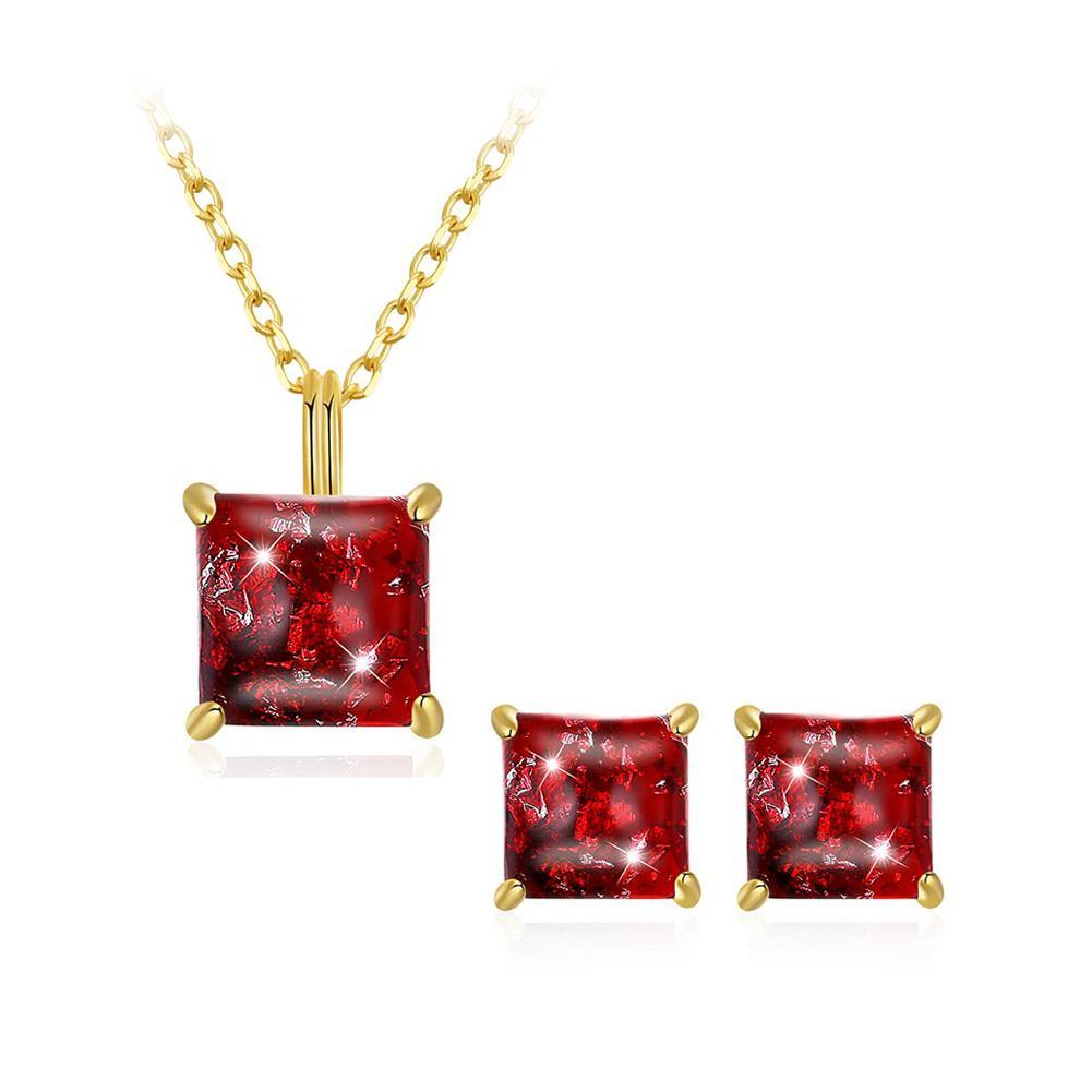 925 Sterling Silver Gold Plated Elegant Fashion Square Pendant Necklace and Earrings Set with Red Austrian Element Crystal - Glamorousky