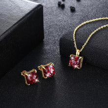 Load image into Gallery viewer, 925 Sterling Silver Gold Plated Elegant Fashion Square Pendant Necklace and Earrings Set with Red Austrian Element Crystal - Glamorousky