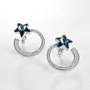 925 Sterling Silver Fashion Elegant Star Circle Earrings and Ear Studs with Blue Austrian Element Crystal - Glamorousky