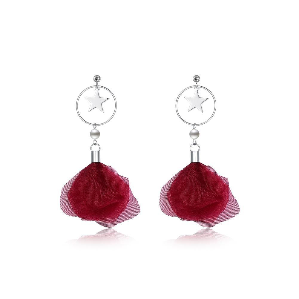925 Sterling Silver Elegant Fashion Sweet Romantic Stars Moon Red Flower and Petals Earrings - Glamorousky