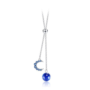 925 Sterling Silver Simple Moon Tassel Necklace with Blue Austrian Element Crystal - Glamorousky
