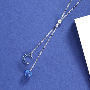 925 Sterling Silver Simple Moon Tassel Necklace with Blue Austrian Element Crystal - Glamorousky