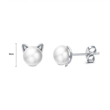 Load image into Gallery viewer, 925 Sterling Silver Cute Cat Pearl Stud Earrings - Glamorousky