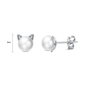 925 Sterling Silver Cute Cat Pearl Stud Earrings - Glamorousky