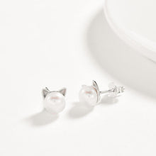 Load image into Gallery viewer, 925 Sterling Silver Cute Cat Pearl Stud Earrings - Glamorousky
