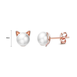 925 Sterling Silver Plated Rose Gold Cute Cat Pearl Stud Earrings - Glamorousky