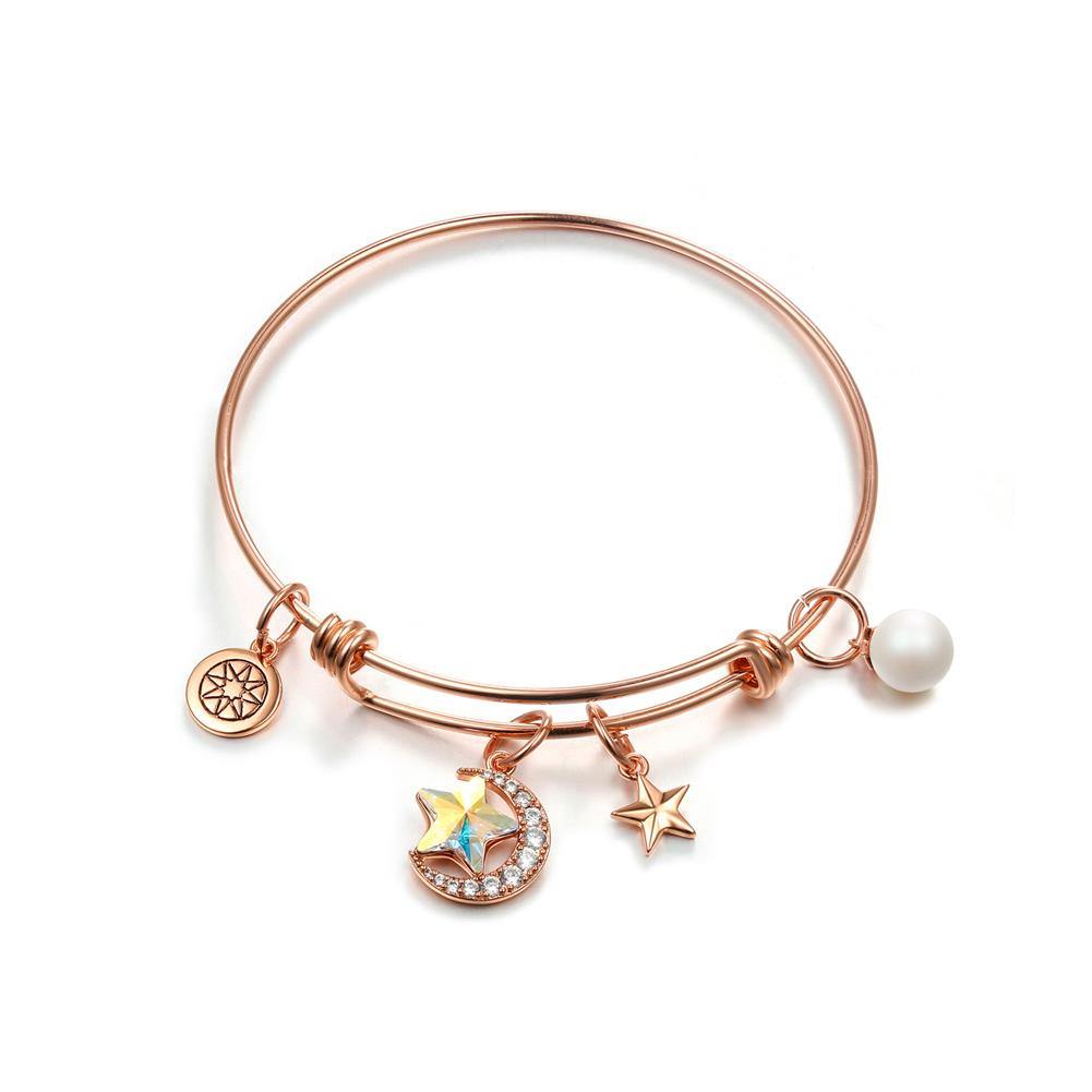 Fashion Plated Rose Gold Star Moon Bangle with Austrian Element Crystals and Pearl - Glamorousky