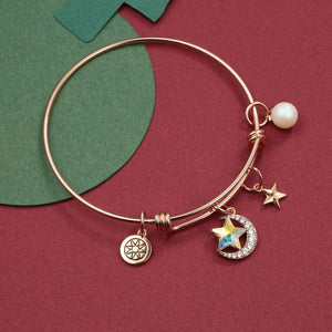 Fashion Plated Rose Gold Star Moon Bangle with Austrian Element Crystals and Pearl - Glamorousky
