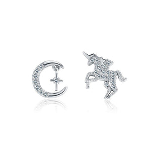 925 Sterling Silver Unicorn Moon Stud Earrings with Austrian Element Crystal - Glamorousky