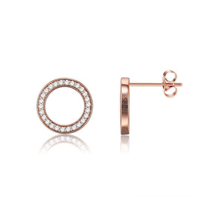 925 Sterling Silver Simple Plated Rose Gold Round Earrings with Austrian Element Crystal - Glamorousky