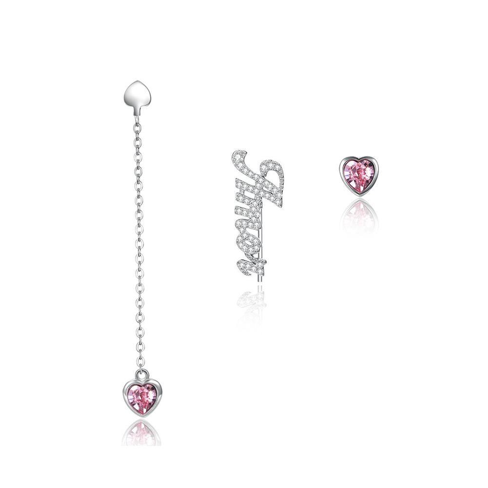 925 Sterling Silver Fashion Letter Amor and Pink Heart Stud Earrings with Austrian Element Crystal - Glamorousky