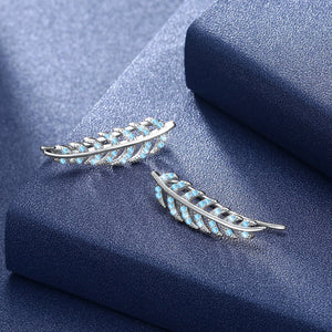925 Sterling Silver Elegant Leaf Earrings with Blue Austrian Element Crystal