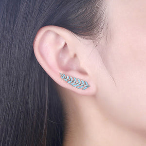 925 Sterling Silver Elegant Leaf Earrings with Blue Austrian Element Crystal
