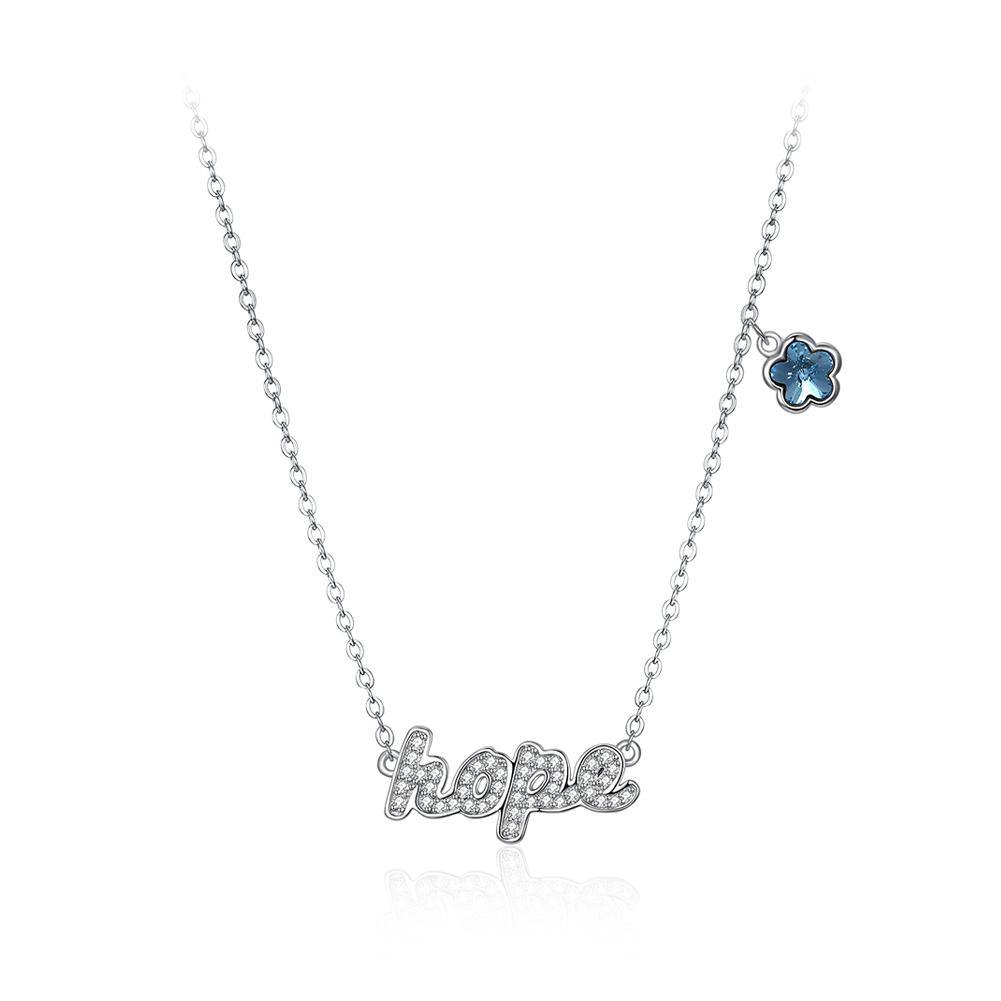 925 Sterling Silver Fashion Letter Hope and Blue Flower Necklace with Austrian Element Crystal - Glamorousky