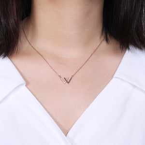 925 Sterling Silver Simple Plated Rose Gold Double V Necklace with Austrian Element Crystal - Glamorousky