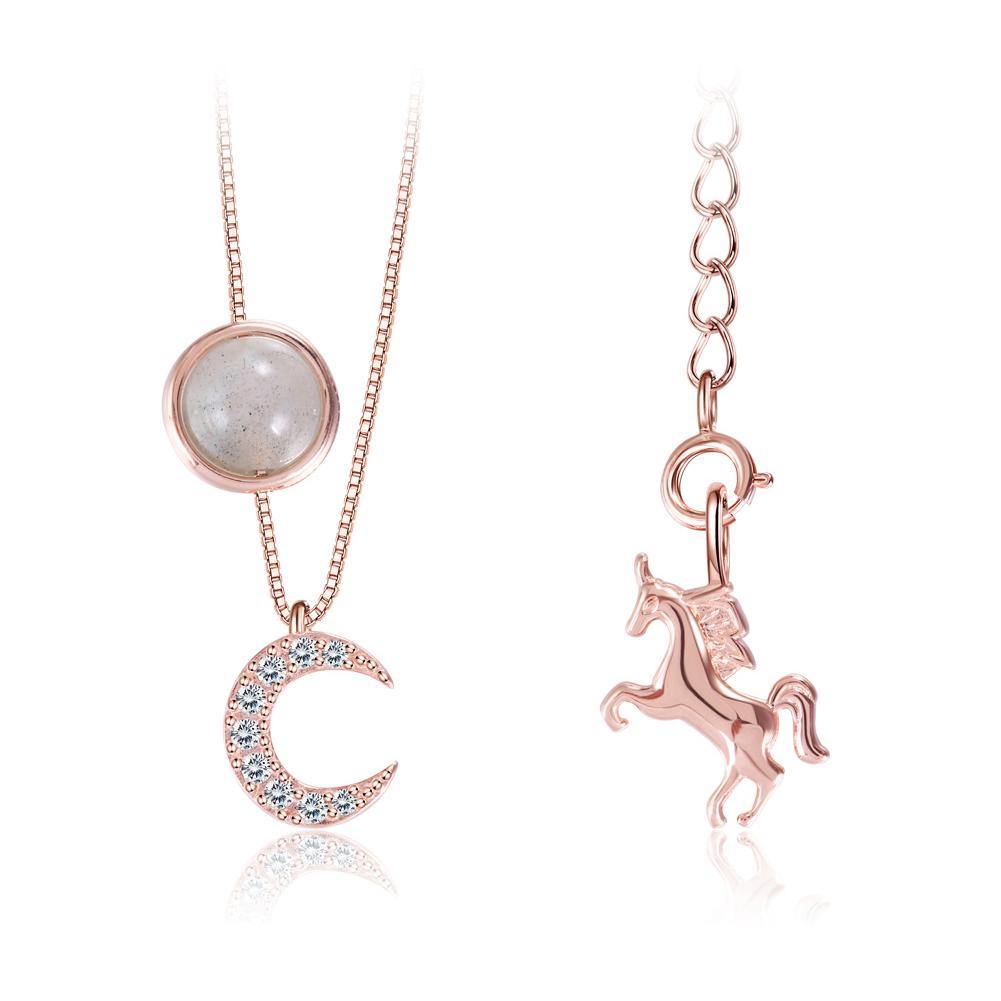 925 Sterling Silver Plated Rose Gold Fashion Moon Unicorn Necklace with Austrian Element Crystal - Glamorousky