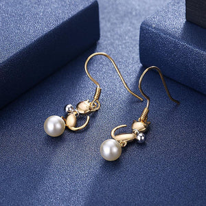 925 Sterling Silve Gold Plated Elegant Fashion Cute Cat Pearl Earrings - Glamorousky