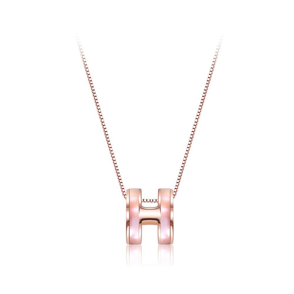 925 Sterling Silver Plated Rose Gold Simple Letter H Pendant with Necklace - Glamorousky