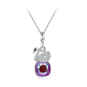 925 Sterling Silver Elegant Swan Geometric Pendant with Red Austrian Element Crystal and Necklace - Glamorousky