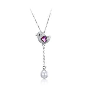 925 Sterling Silver Cute Bird Pink Austrian Element Crystal Pendant with Pearl and Necklace - Glamorousky