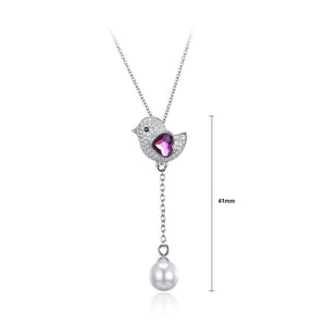 925 Sterling Silver Cute Bird Pink Austrian Element Crystal Pendant with Pearl and Necklace - Glamorousky