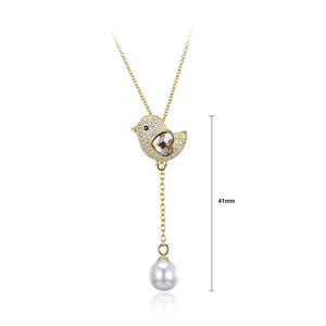 925 Sterling Silver Gold Plated Cute Bird Austrian Element Crystal Pendant with Pearl and Necklace - Glamorousky