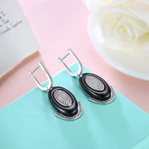 925 Sterling Silve Simple Elegant Noble Romantic Geometric Oval Circle Black Ceramic Earrings with Cubic Zircon - Glamorousky