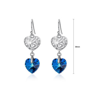 925 Sterling Silver Elegant Vintage Heart Openwork Earrings with Blue Austrian Element Crystal - Glamorousky