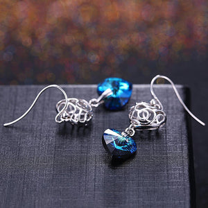 925 Sterling Silver Elegant Vintage Heart Openwork Earrings with Blue Austrian Element Crystal - Glamorousky