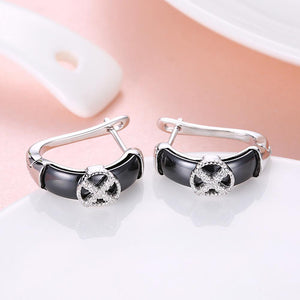 925 Sterling Silve Simple Elegant Noble Black Ceramic Earrings with Cubic Zircon - Glamorousky