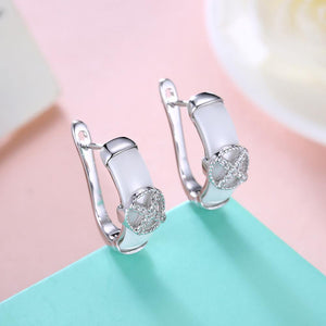 925 Sterling Silve Simple Elegant Noble Cross White Ceramic Earrings with Cubic Zircon - Glamorousky