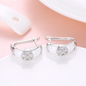 925 Sterling Silve Simple Elegant Noble Cross White Ceramic Earrings with Cubic Zircon - Glamorousky