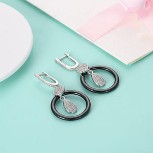 925 Sterling Silve Simple Elegant Noble Luxury Round Black Ceramic Earrings with Cubic Zircon - Glamorousky
