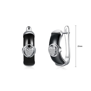 925 Sterling Silve Black Ceramic Elegant Noble Heart Shape Earrings with Cubic Zircon - Glamorousky
