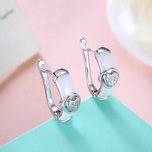 925 Sterling Silve White Ceramic Elegant Noble Heart Shape Earrings with Cubic Zircon - Glamorousky