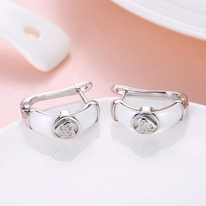 925 Sterling Silve White Ceramic Elegant Noble Heart Shape Earrings with Cubic Zircon - Glamorousky