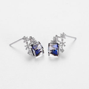 925 Sterling Silver Sparkling Snowflake Square Earrings with Blue Austrian Element Crystal - Glamorousky