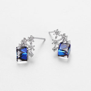925 Sterling Silver Sparkling Snowflake Square Earrings with Blue Austrian Element Crystal - Glamorousky